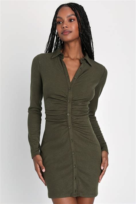 Olive Green Mini Dress Long Sleeve Dress Bodycon Mini Dress Lulus