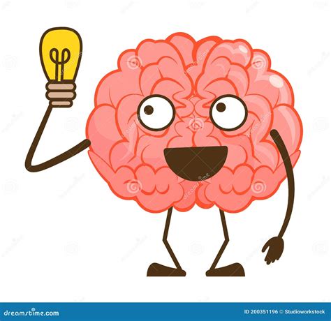 Excited Human Brain With Lightbulb Isolated On White Stock Vector