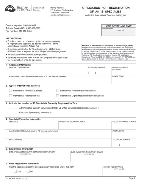 Fillable Online Sbr Gov Bc FIN 566 Application For Registration Of An