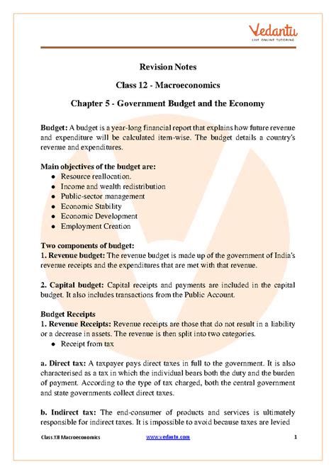 Class 12 Macroeconomics Revision Notes: Chapter 5 - Government Budget