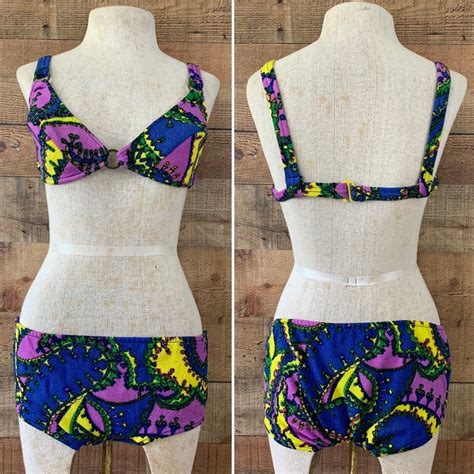 Vintage 60s Bikini Swimsuit Psychedelic Floral Print Gem