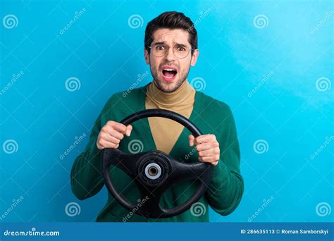 Portrait Of Impressed Speechless Person Open Mouth Staring Arms Hold Wheel Isolated On Blue