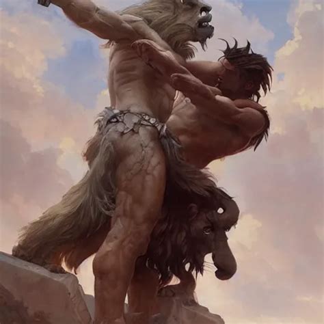 Heracles Strangling The Nemean Lion Digital Painting Stable Diffusion