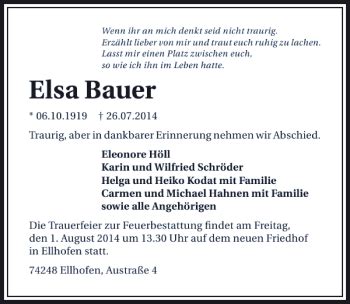 Traueranzeigen Von Elsa Bauer Trauerundgedenken De