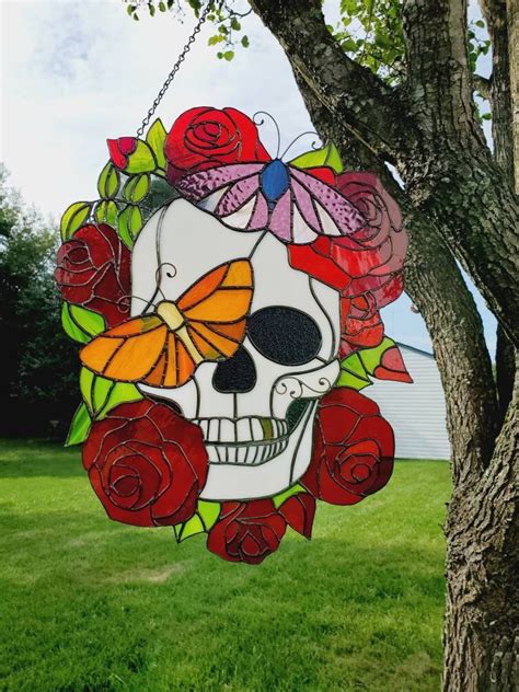 Stained Glass Sugar Skull Suncatcher Panel Gothic Decor Halloween Decor Etsy