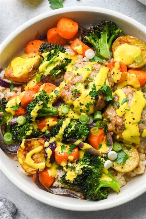 roasted veggie  chicken rice bowls  turmeric tahini