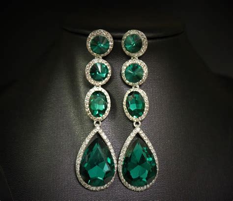 Emerald Green Earrings Emerald Drop Earrings Green Drops Rhinestone