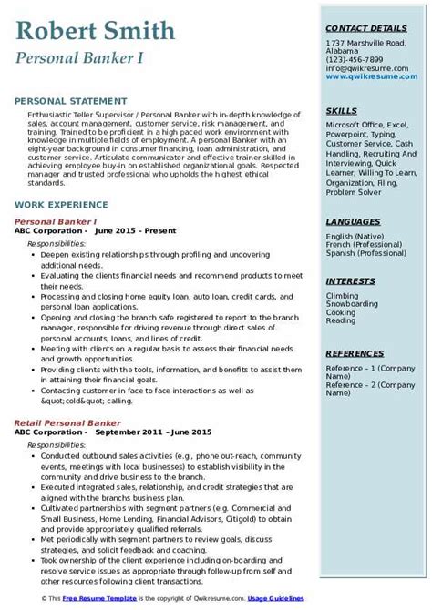 Personal Banker Resume Samples Qwikresume