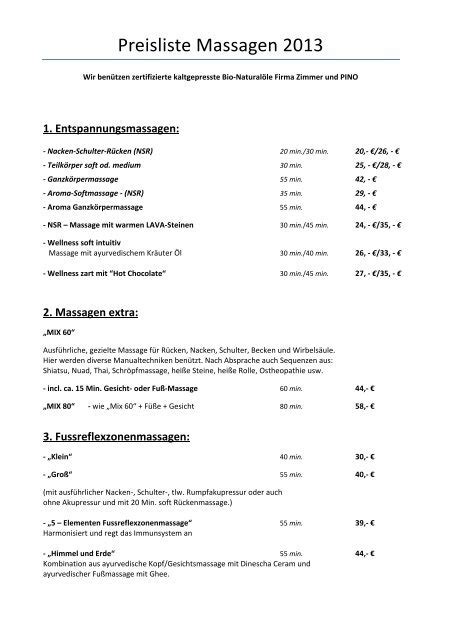 Preisliste Massagen Im Haus