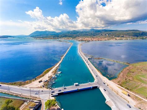 The Floating Swing Bridge In Lefkada Island Greece Aerial View Stock