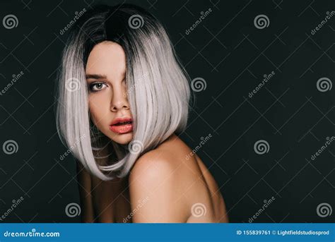 Beautiful Sensual Naked Girl Posing In Grey Wig Isolated Stock Image