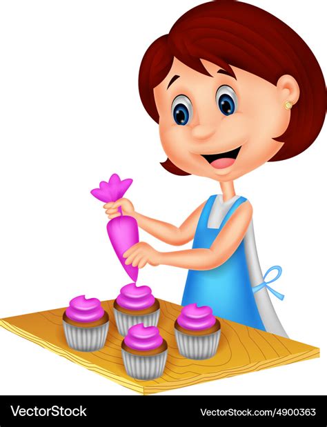 Cartoon Woman With Apron Decorating Cupcakes Vector Image