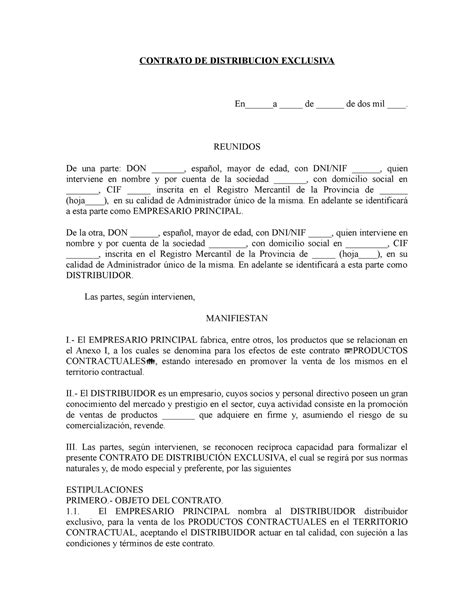 Contrato De Distribucion Exclusiva Formato U Ejemplo Contrato De Hot