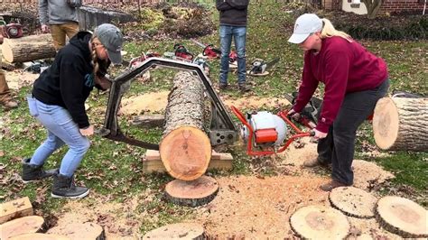 The Ladies Cutting With Disston 211 Bow Chainsaw 1950s Twin Cylinder