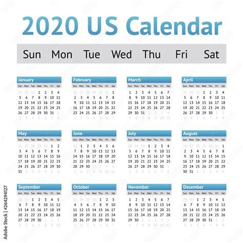 2020 US American English Calendar. A week starts on Sunday Stock Vector ...