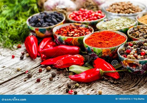 Set Of Indian Spices On Wooden Table Top View Stock Photo Image Of