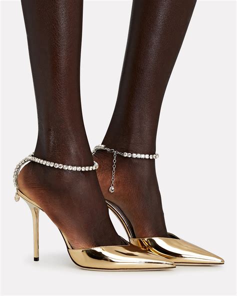 Jimmy Choo Saeda Crystal Embellished Metallic Leather Pumps Intermix