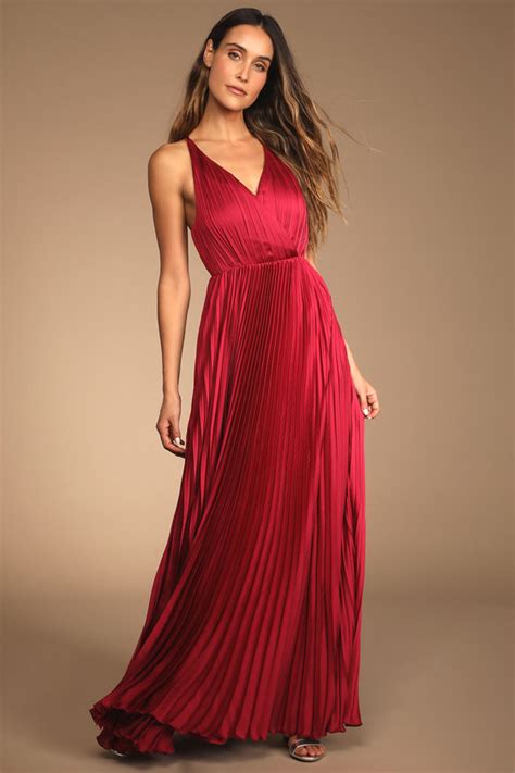 Wine Red Dress Pleated Satin Dress Backless Maxi Dress Lulus