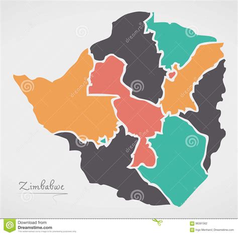 De Kaart Van Zimbabwe Met Staten En Moderne Ronde Vormen Vector