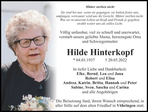 Traueranzeigen von Hilde Hinterkopf Allgäuer Zeitung