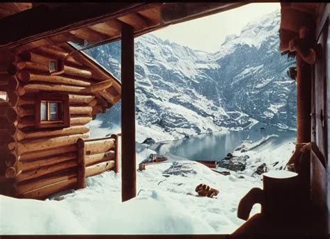 A Mm Kodachrome Photo Of A Cozy Cabin In The Swiss Stable