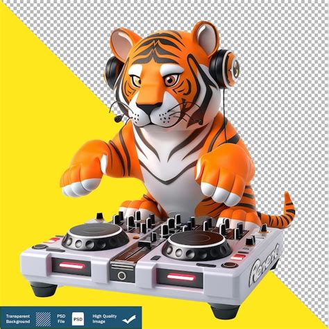 Techno tigre DJ desenho animado ícone 3D isolado fundo transparente PNG