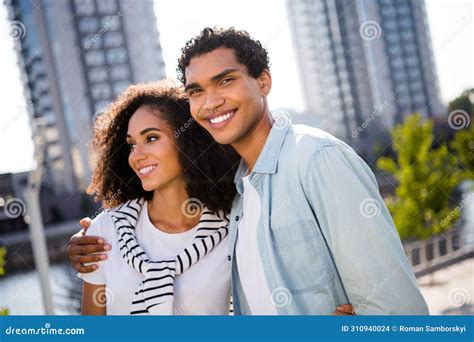 Photo Of Two Cheerful Idyllic Partners Toothy Smile Hugging Spend Free