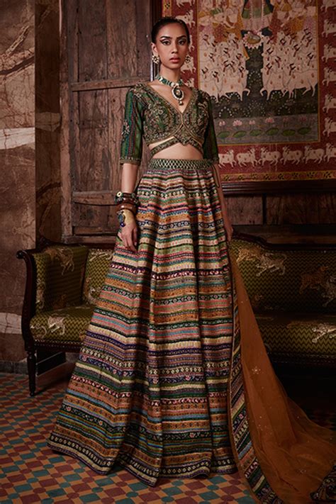 Buy Kalista Green Blouse Noor Stripe Embroidered Lehenga Set Online