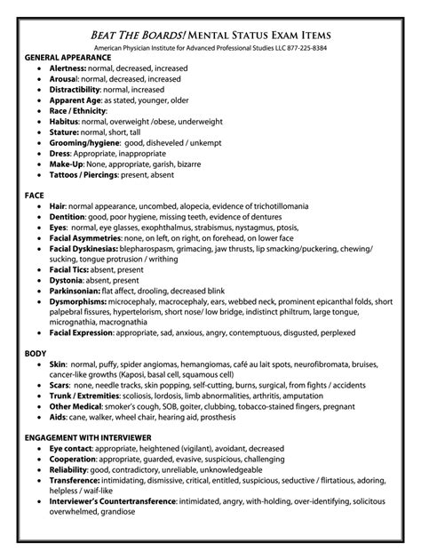 2012 Form American Physician Institute Mental Status Exam Items Fill