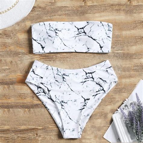 Marble Strapless Bikini Set Bandeau Bikini Set Bikinis Women Swimsuits