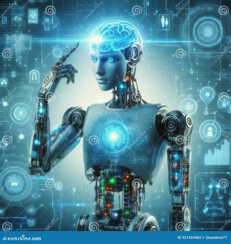 Advanced Ai Robot With Glowing Brain Interface Stock Image Image Of