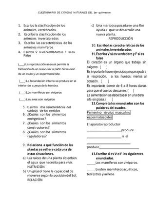 Cuestionario De Ciencias Naturales Quinto Grado Contestado Lo Que