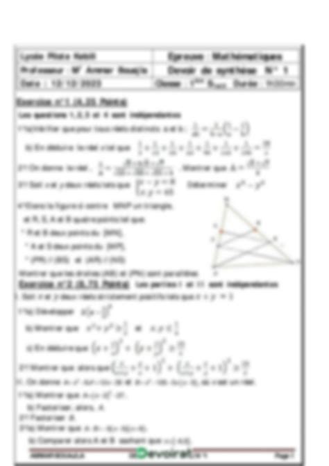 SOLUTION Devoir De Synth Se N 1 Lyc E Pilote Math 1 Re As 2023 2024 Mr