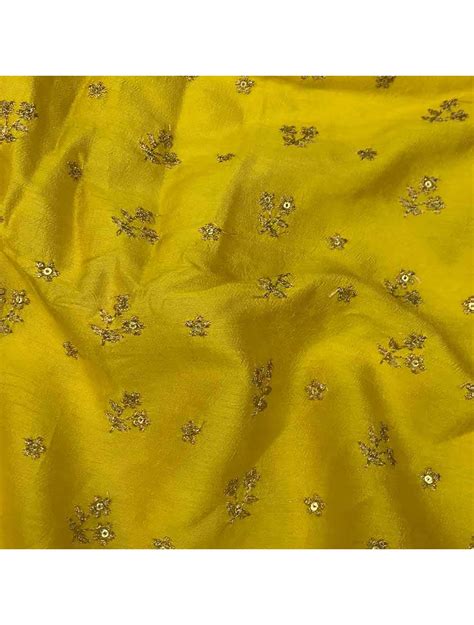 Yellow Dupion Silk Fabric Floral Zari Motifs Embroidery Saroj Fabrics