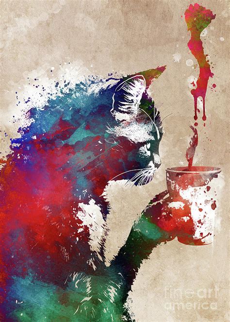 Cat coffee graphic art #cat Digital Art by Justyna Jaszke JBJart - Fine ...