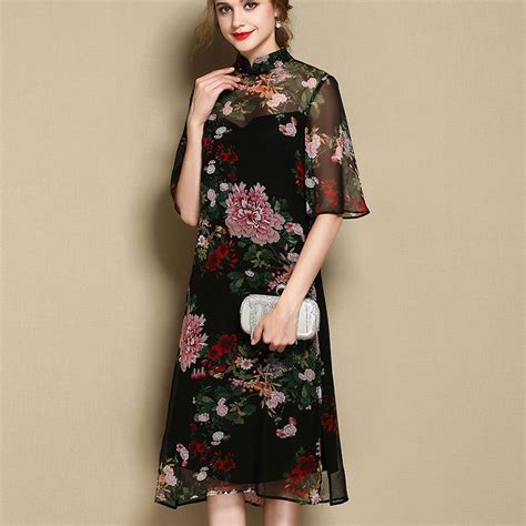 Resplendent Peony Flowers Silk Qipao Cheongsam Dress Qipao Cheongsam