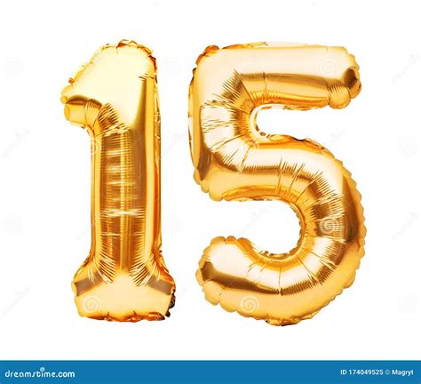 Number 15 Fifteen Made of Golden Inflatable Balloons Isolated on White. Helium Balloons, Gold ...