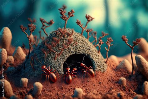 Red forest ants on an anthill in a forest, part of the ecosystem that ...