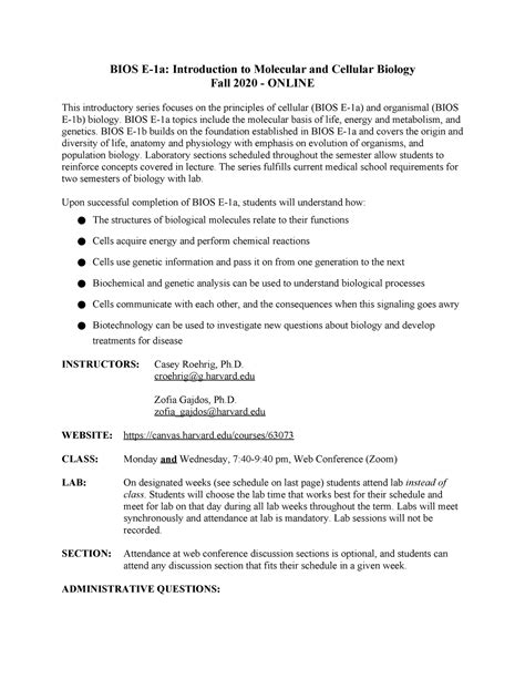 BIOS E 1a Syllabus FALL 2020 BIOS E 1a Introduction To Molecular And