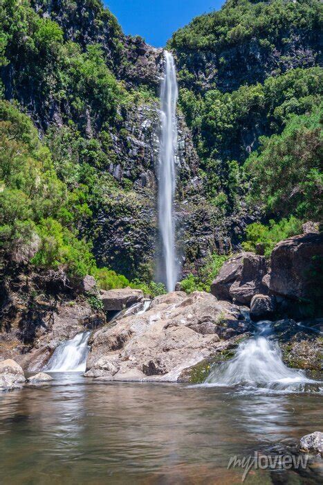 Jungle Waterfall Cascade In Tropical Rainforest With Rock And Posters