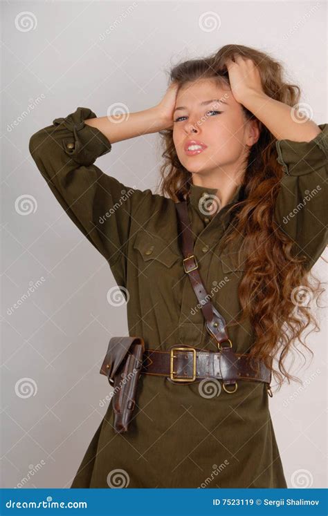 Beautiful Long Haired Girl In Military Style Stock Image Image Of