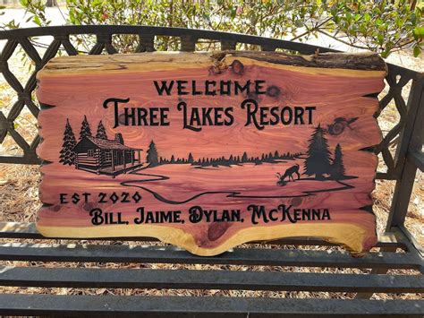 Custom Cabin Outdoor Wood Sign Deer Lake Carved Cedar Sign Rustic Sign