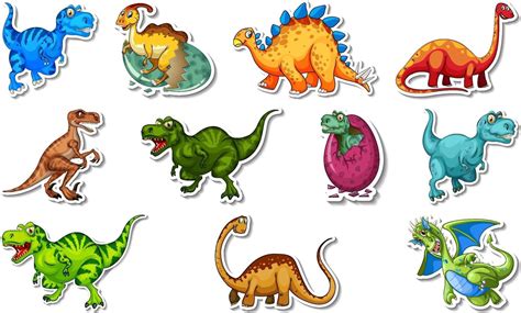 Sticker set with different types of dinosaurs cartoon characters ...