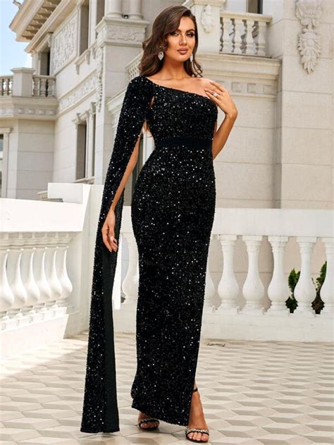 Missord One Shoulder Cloak Sleeve Split Thigh Sequins Prom Dress