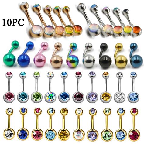 10 Pcs Belly Button Rings Piercing Surgical Steel Double Crystal