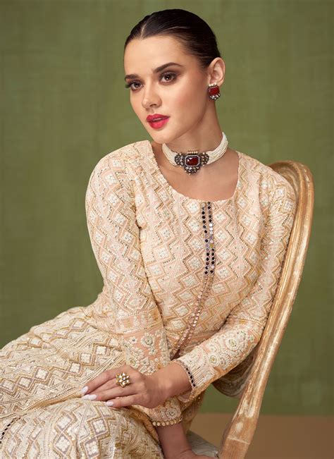 Shop Georgette Embroidered Palazzo Salwar Suit In Off White Online