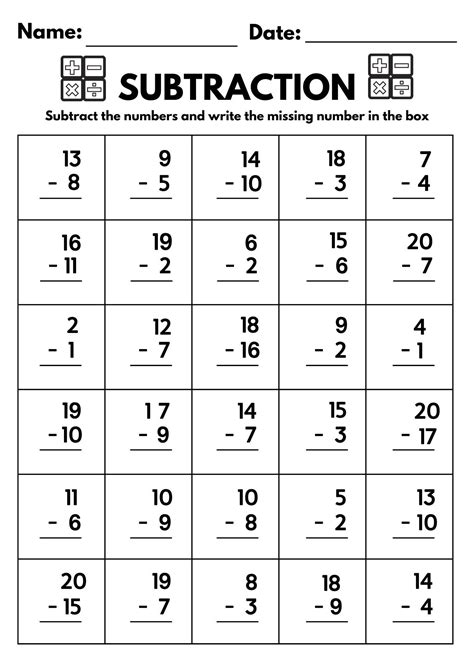 10 Printable Subtraction Fill In The Blanks Worksheets Numbers 1 20 For Kindergarten 1st Grade