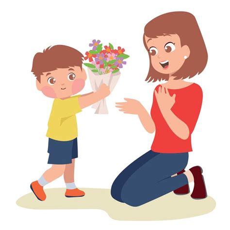 Clipart D un Fils Mignon Donnant Un Bouquet De Fleurs à Sa Mère Joyeuse