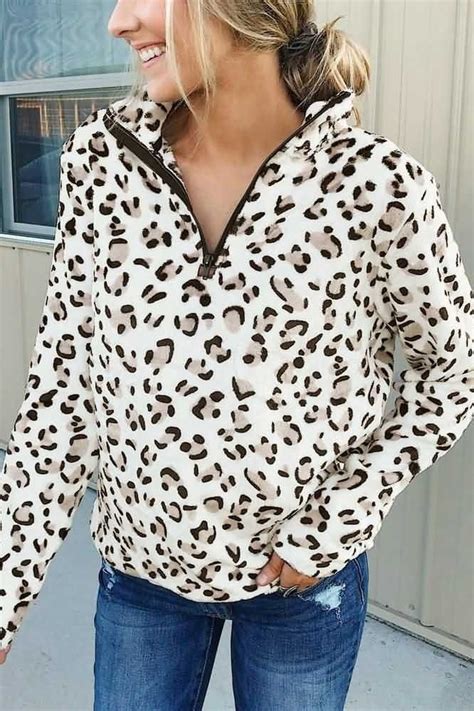 White Leopard Faux Fur Zipper Up Casual Sweatshirt Knit Sweatshirt