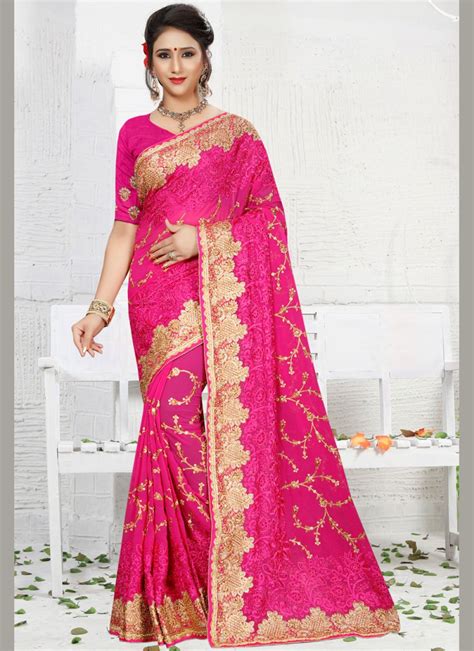 Shop Online Faux Georgette Hot Pink Embroidered Work Classic Saree